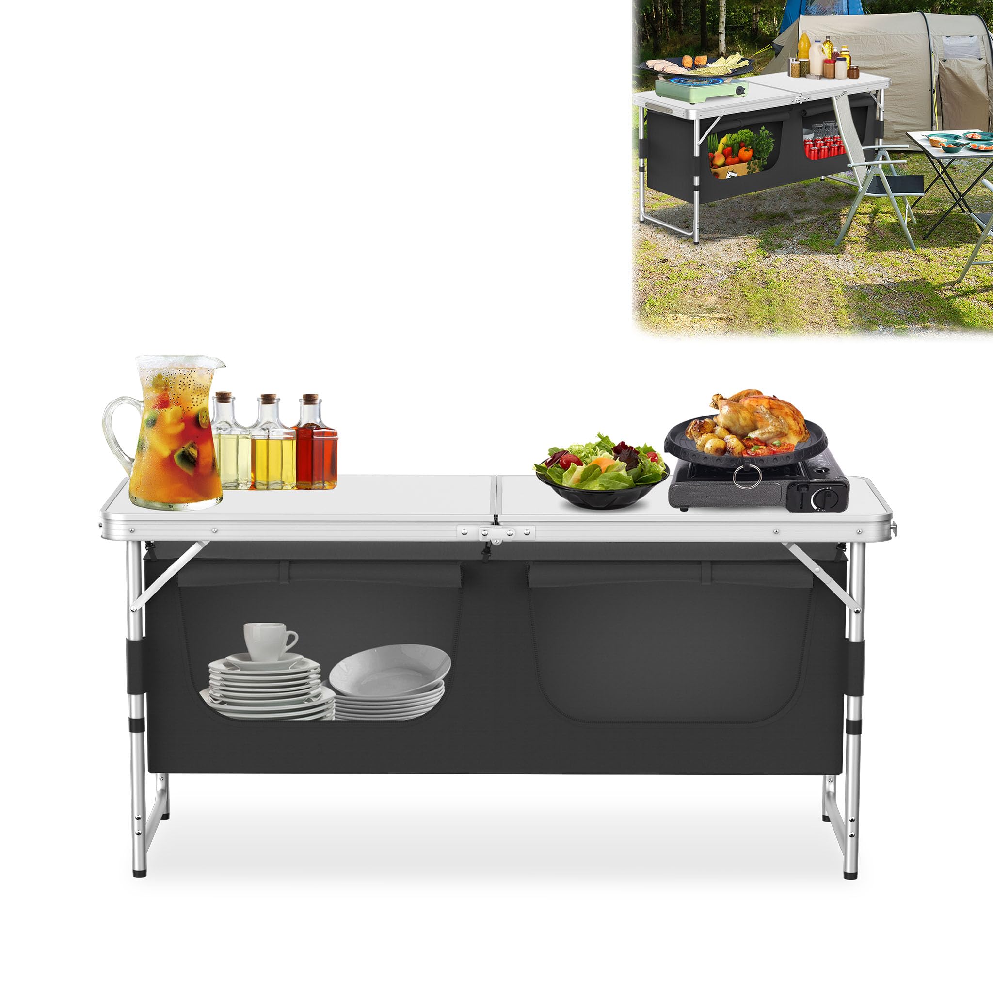LILIIN Campingschrank Campingküche 120x47x68cm Outdoor-Reiseküche mit Aluminiumrahmen Camping-Schrank Klappbarer Outdoor Küche mit Tragetasche für Camping, Grillen und Picknicks im Freien
