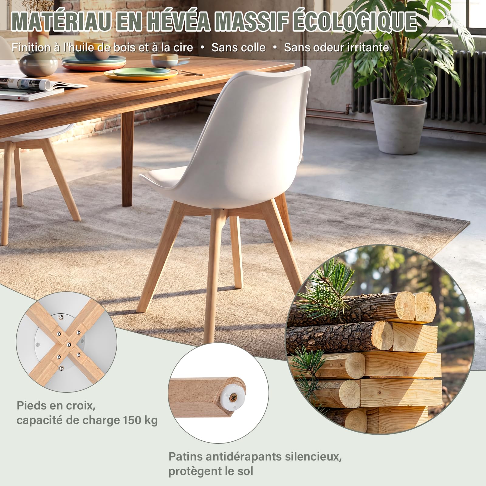 TEENO Chaises Salle à Manger Lot de 4, Scandinaves Bois Blanc