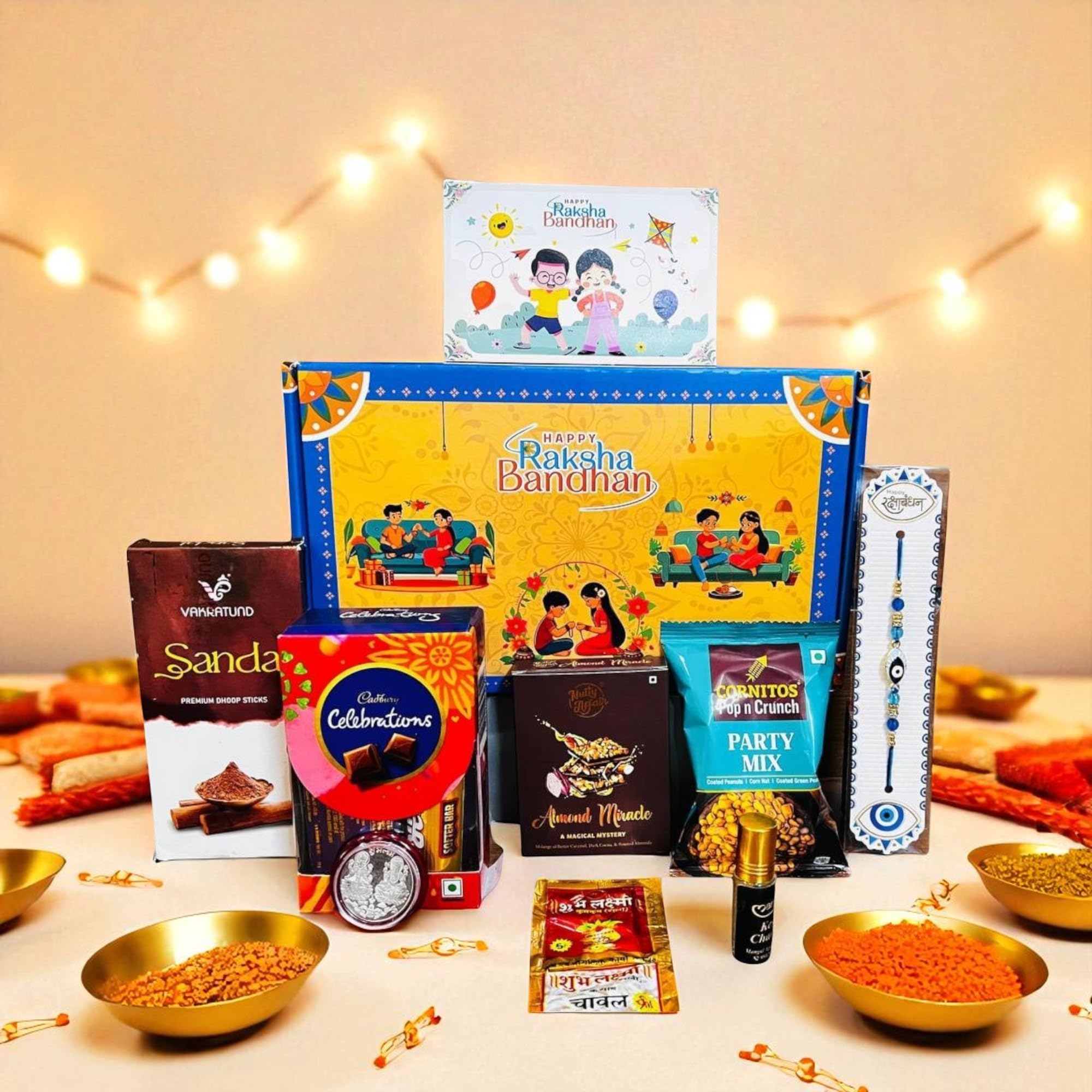 KUCHYNE Rakhi Gift Combo Box for Brother Bhaiya & Bhabhi-9 Inclusions + Evil Eye Rakhi Nazar Kavach|Chocolate,Millet Namkeen,Almond Bar,Incense Sticks & Stand,Perfume,Coin,Card,Roli Chawall-image-17