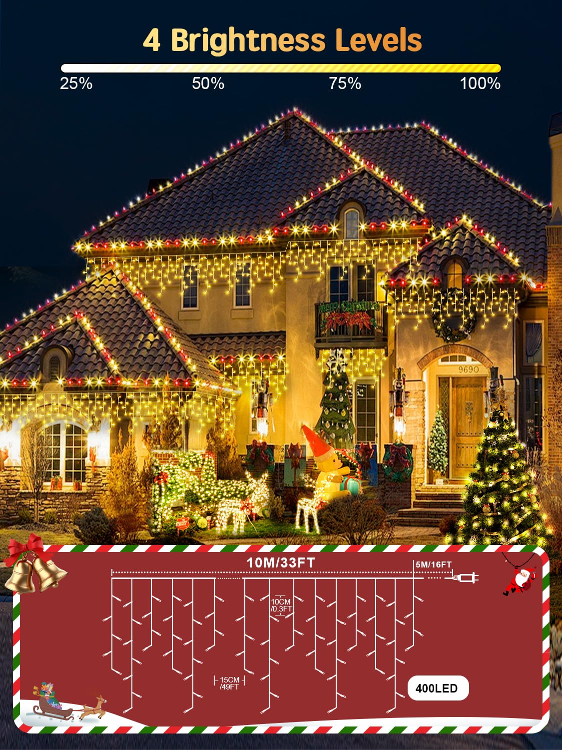 CGN Cortina Luces Navidad Exterior, Conectable 10M 400LED Luces Arbol Navidad Decoración de IP65 Impermeable con 8 Modos Memoria, luzes de natal exterior para Fiestas Bodas Jardín Balcon Ventana