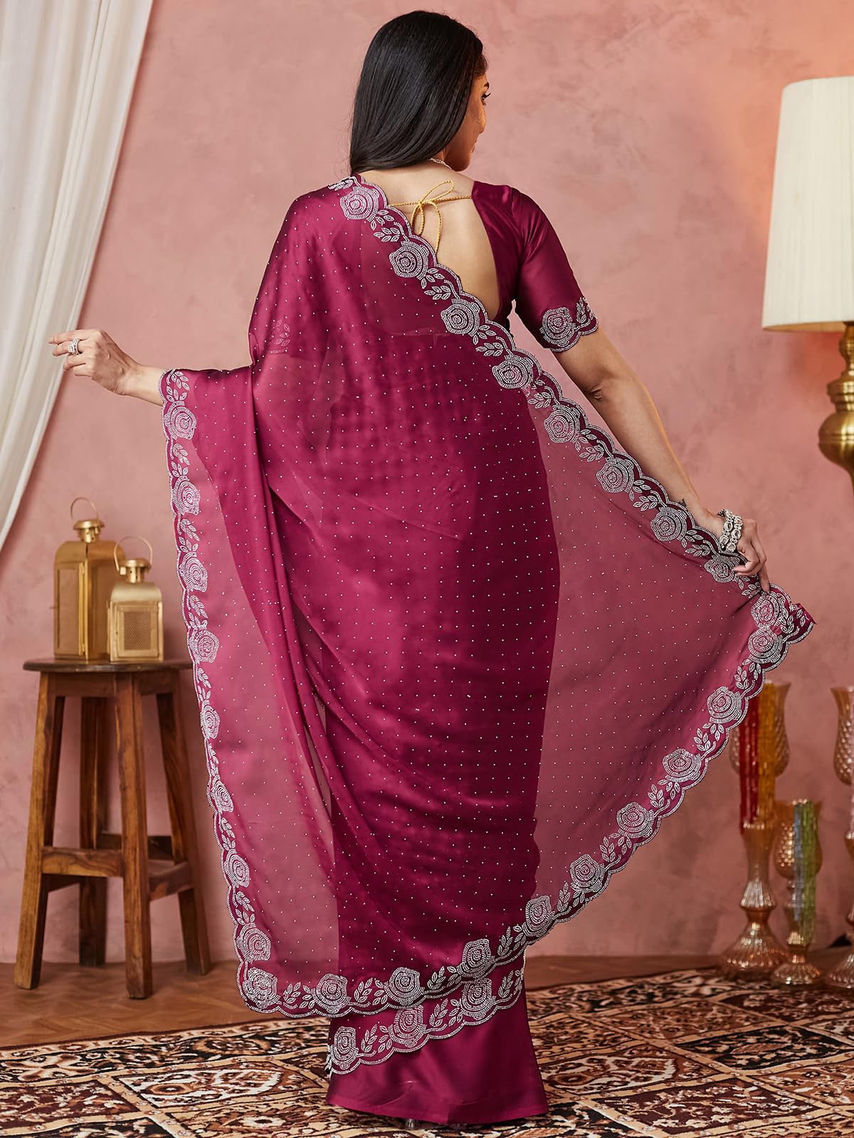 Satrani Women's Georgette Stone Work Saree With Unstitched Blouse Piece (4063S6384N_Wine)