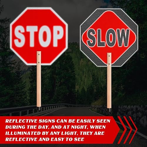 Miniatura 4 de Paquete de 4 señales de parada lenta de mano con asa de 13 x 13 pulgadas, letreros reflectantes de doble cara con protección UV, impermeable,