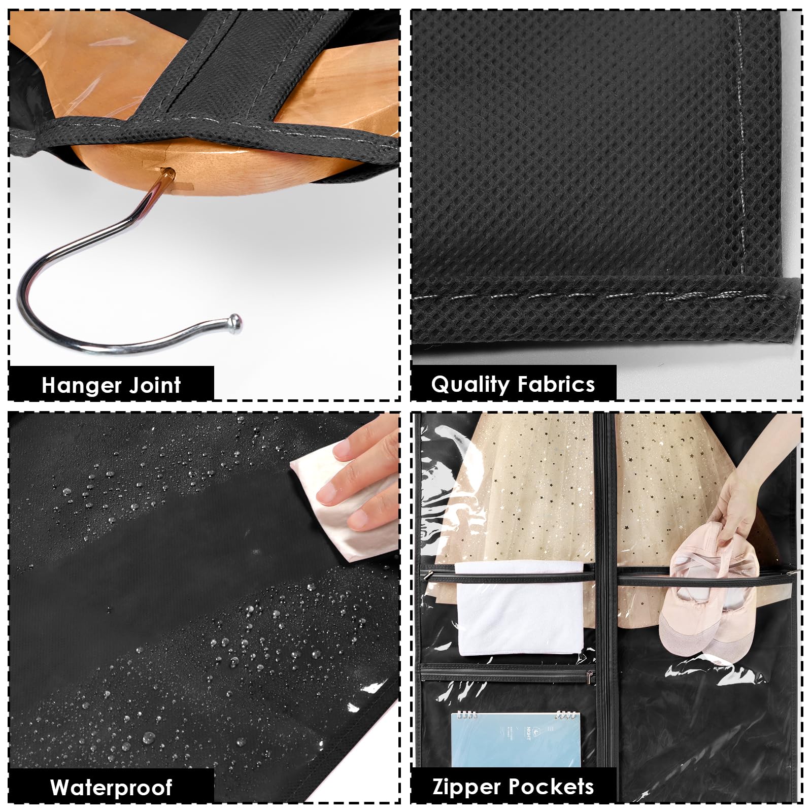 Univivi Bolsas para disfraces de danza, bolsa de ropa de 40 pulgadas para colgar ropa para competiciones de baile, con 3 bolsillos medianos transparentes con cremallera para disfraces de baile