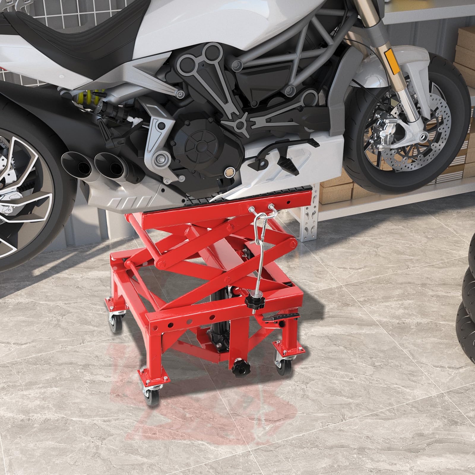 Motorrad Hebebühne, Motorradheber 158kg Tragfähigkeit, Höhenverstellbarer zwischen 350-905mm, Hebescheren-Mittelständer für Motorräder ATV, Motorradhebebühne
