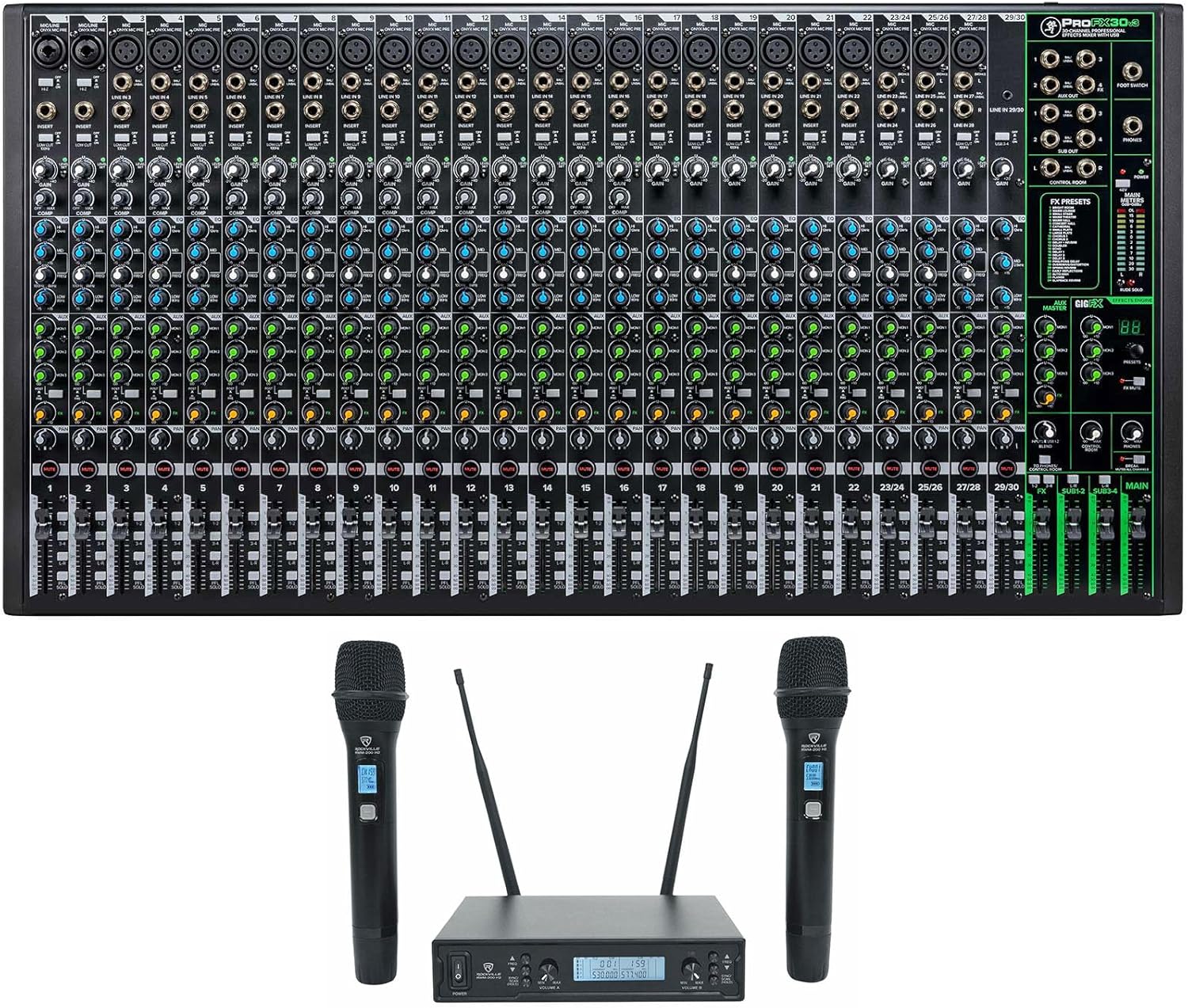 Audiosavings Bundle: (1) Mackie ProFX30v3 30 Channel 4-Bus Professional Effects Mixer with USB ProFX30 v3 Bundle with (1) Rockville RWM65U Dual UHF Metal Handheld Wireless Microphone System (2 Items)