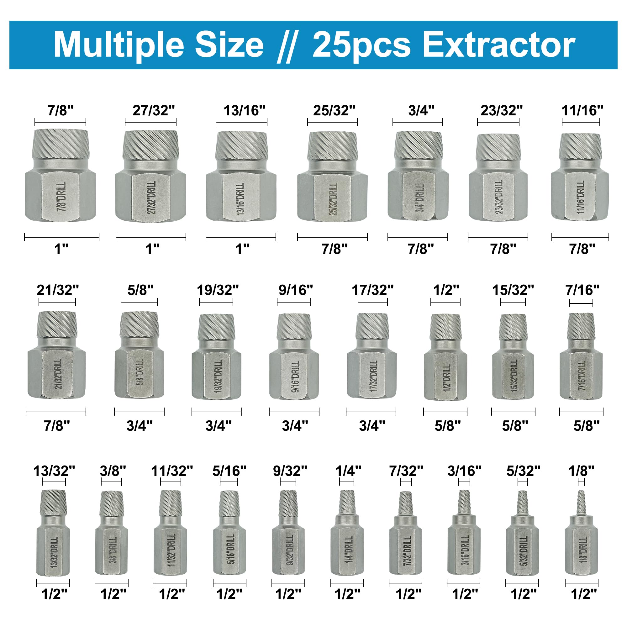 GMTOOLS 25-Piece Screw Puller Kit, Multi-Spline Hex Head, 3/8 Inch Drive Easy Removal Bolt Puller Kit For Removing Stripped, Rounded, Damaged, Broken, Screws And Bolts Removal Kit