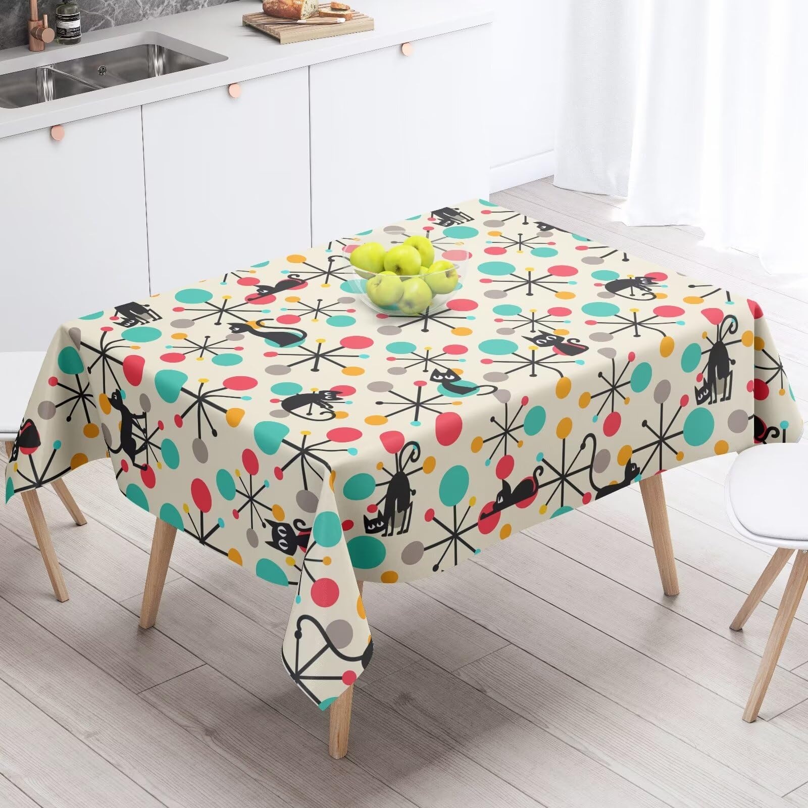 Mid Century Black Cat Modern Retro Tablecloth, Polyester Waterproof Table Cloth for Kitchen Dining Picnic Parties Wedding Home Decor 60"x90"