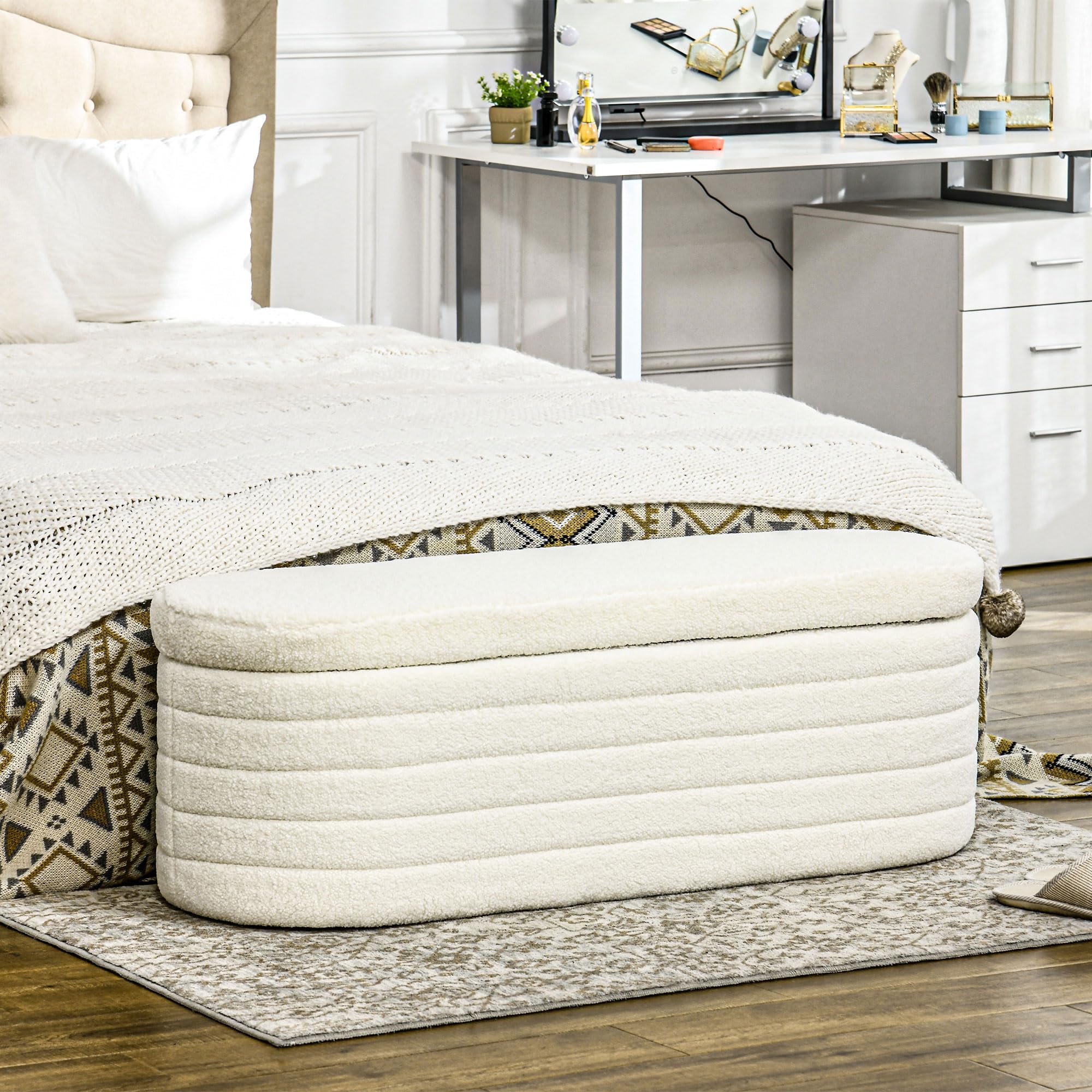 HOMCOM Banc de Bout de lit Coffre de Rangement 2 en 1 Cadre en Bois Crème | Banquette, Rembourré en polaire