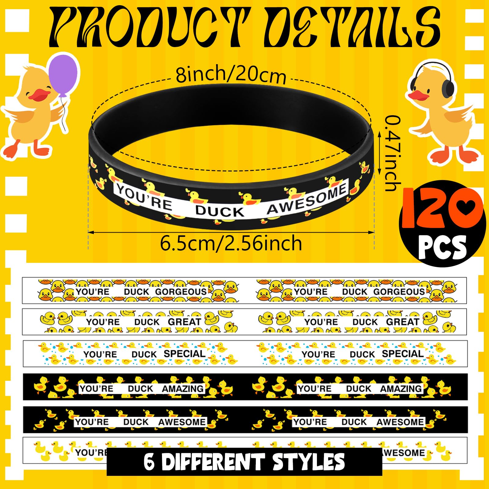Poen 120 Pcs Duck Silicone Bracelets Bulk White and Black Duck Rubber Wristband Decoration for Summer Birthday Party Favor Supplies Baby Shower Gifts