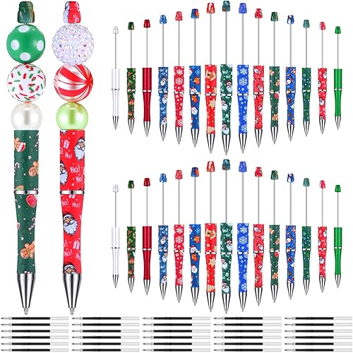 Qilery 30 bolígrafos de plástico de Navidad con cuentas de colores, bolígrafos de tinta negra con 30 recambios de bolígrafos para niños,