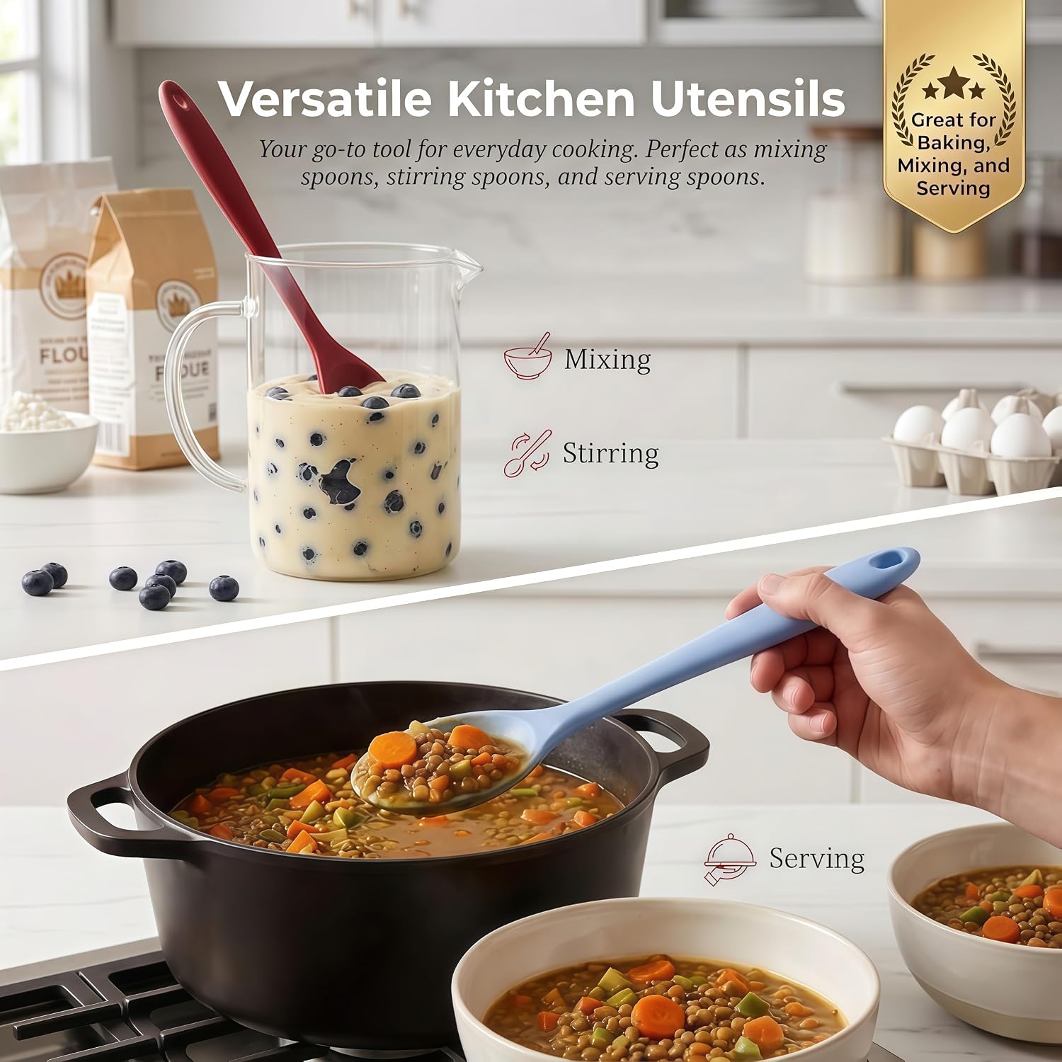4 Pieces Silicone Cooking Spoons 10.9 Inch Heat Resistant Kitchen Spoons for Mixing, Serving and Stirring Upgrade Large Non Stick Basting Utensils, Dishwasher Safe (Black+Red+Grey+Blue)