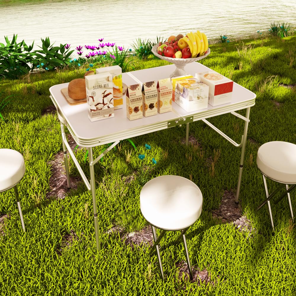 Mesa plegable portátil ligera de 3 pies para picnic y catering, altura ajustable, construcción de aluminio, asa de fácil transporte, color blanco