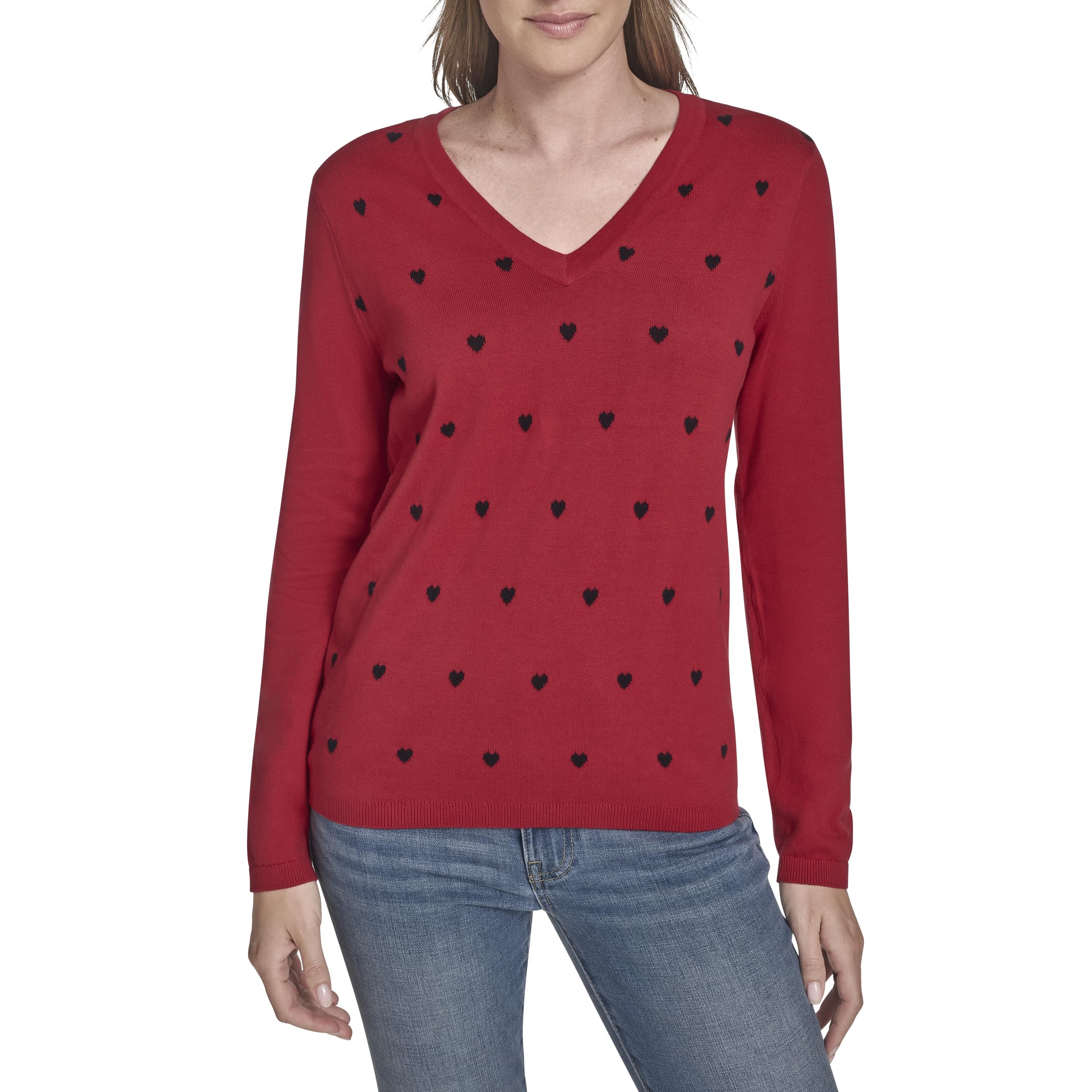 Tommy Hilfiger Womens V-Neck Long Sleeve Cotton Heart Print Sweater