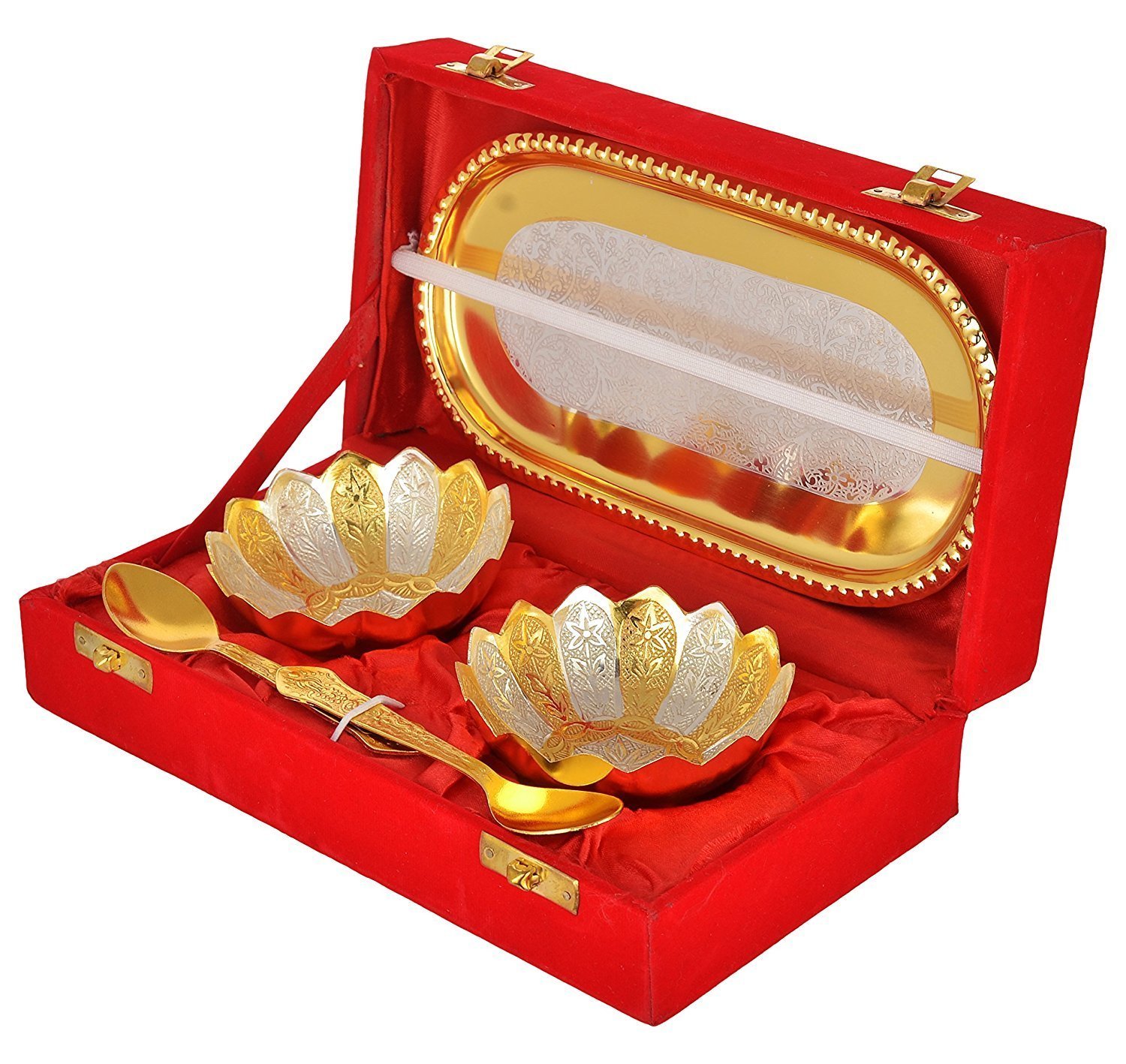 R Ayurveda Copper Capsul Kamal Bowl Set With Royal Velvet Box, Silver/Gold, 5 Pcs Set, 100 ML