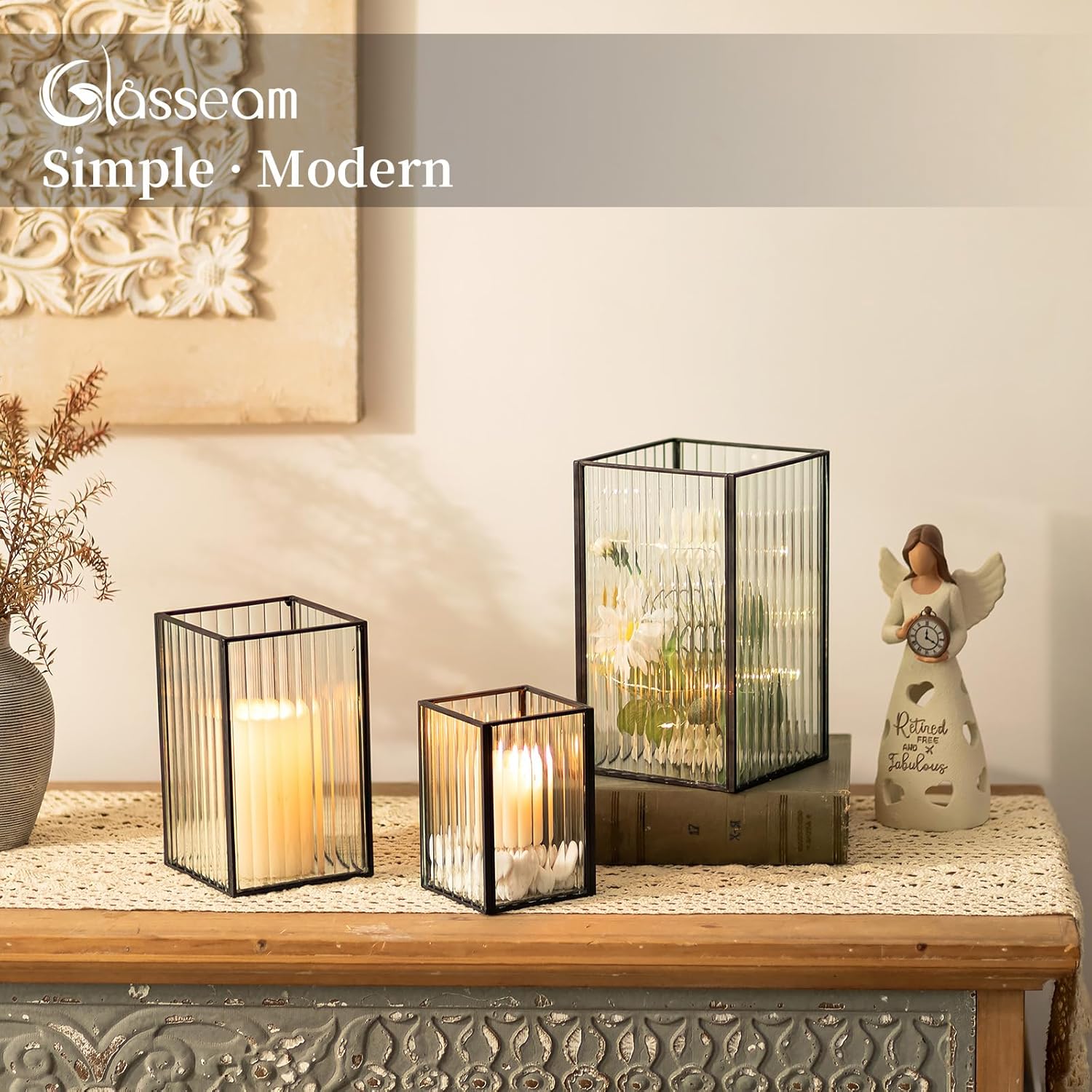 Glasseam Glass Hurricane Candle Holder: Square Black Candle Holders Set of 3 Metal Ribbed Pillar Candle Holder for Table Centerpiece Modern Small Lanterns Decorative Indoor Christmas Halloween Decor