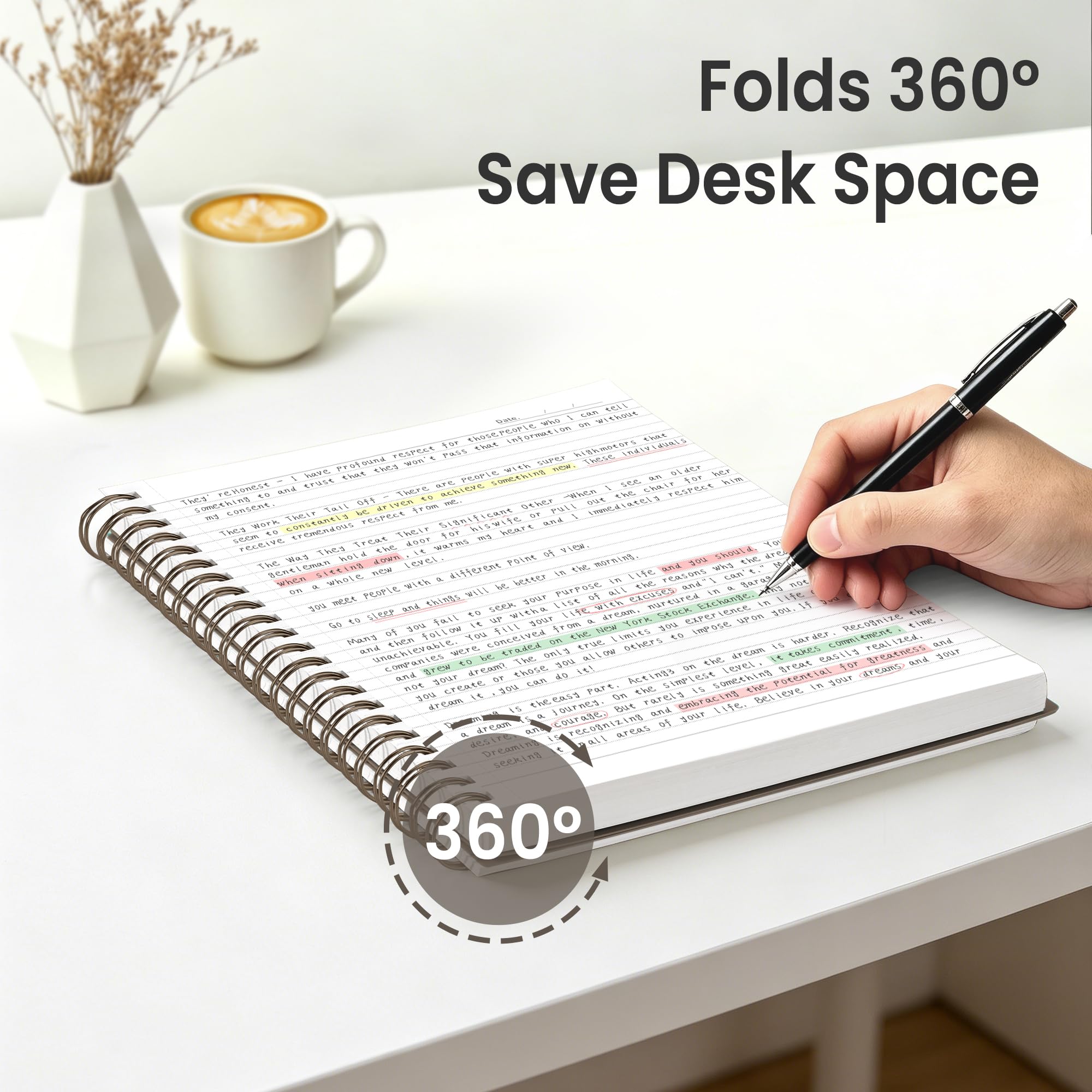 EMSHOI Quaderno a spirale A4, 28,4 x 21 cm, a righe, 300 pagine/150 fogli, pagine perforate facili da strappare, carta spessa 100 g/m², copertina morbida impermeabile, scuola, lavoro, scrittura, caffè