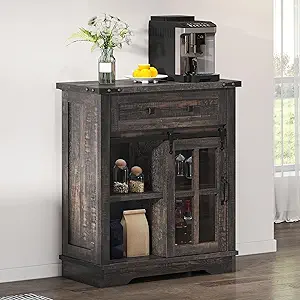 DWVO Farmhouse Coffee Bar Cabinet, Sideboard Buffet Cabinet with Drawer & Adjustable Shelves, Storage Cabinet with Sliding Barn Door for Kitchen and Living Room, Dark Rustic Oak