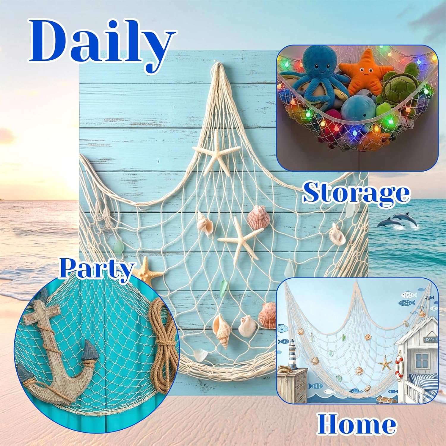 8 Pcs Fish Net Decorations for Party, 78.8" x 39.4" Large Cotton & Linen Fishnet, Nautical Hawaiian Beach Themed Fishing Net for Mermaid Pirate Under The Sea Birthday Decor, Wall Hanging Photo Display image 5