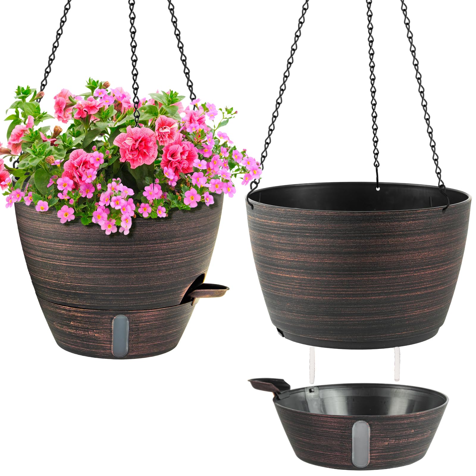 ZMTECH Lot de 2 pots de fleurs à suspendre en plastique avec entrée d'eau auto-irrigation et soucoupe pour intérieur et extérieur Bronze 25 cm