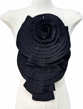 3D Colorful Pleated Large Flower Appliques Chest Flower Patches with Pin DIY for Women Dress Clothing Handmade Fabric Stickers Black