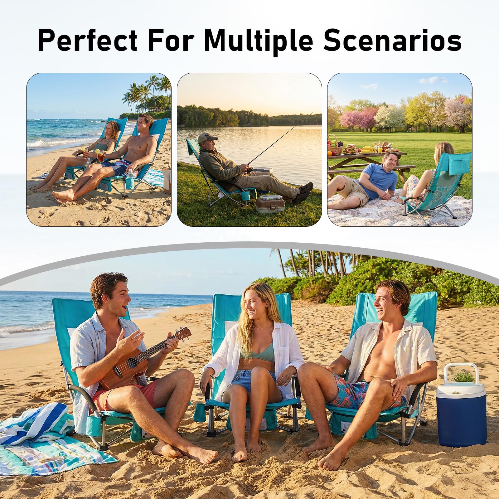 WildFun Chaise de plage pliante, légère et portable, chaise de camping et de pêche avec dossier haut, porte-gobelet, supporte 180 kg pour voyage, extérieur, barbecue, pique-nique, festival (1 pièce