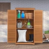 Vista 8 de Goplus Armario de almacenamiento al aire libre, cobertizo de herramientas de jardín de madera de 63 pulgadas con doble puerta bloqueable, 3 estantes