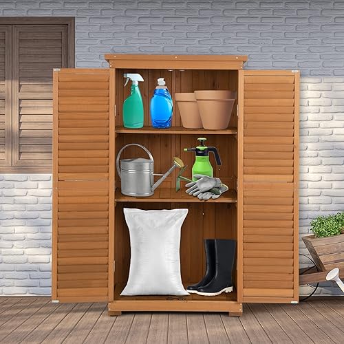 Miniatura 8 de Goplus Armario de almacenamiento al aire libre, cobertizo de herramientas de jardín de madera de 63 pulgadas con doble puerta bloqueable, 3 estantes