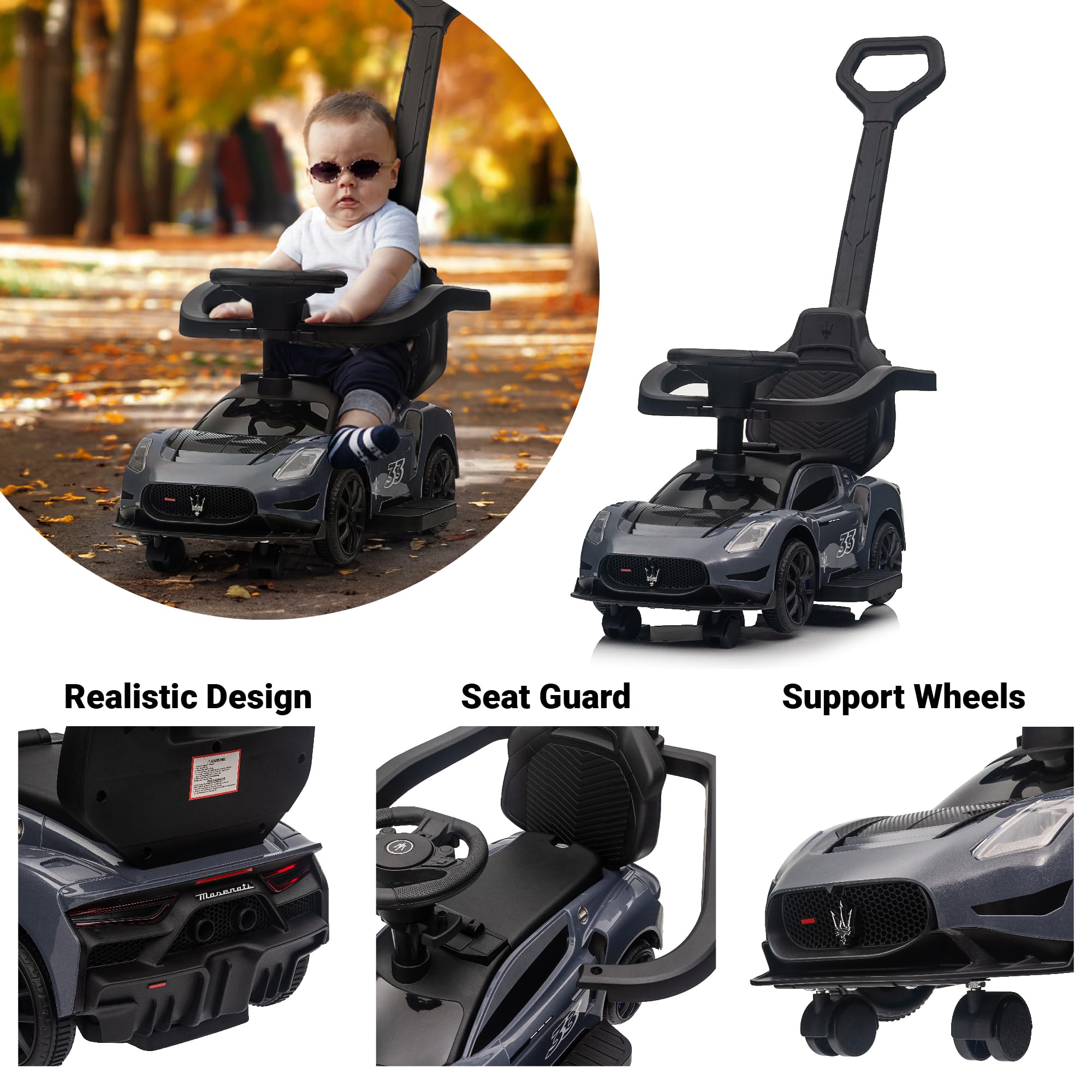 Voltz Toys Ride-on Sliding Car for Kids, Licensed Maerati for Toddlers 18-60 Months, Foot-to-Floor Walker Car Toy with Music, Lights and Under Seat Storage for Boys and Girls (Grey)