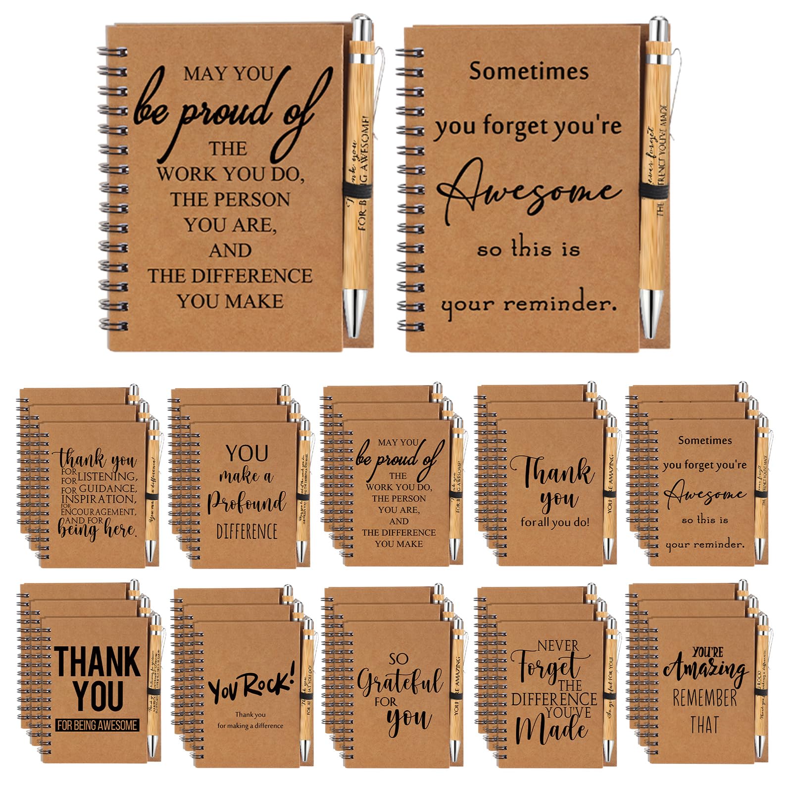 Honoson Set di 30 quaderni a spirale con penne retrattili in bambù ispiratrici, quaderni per scrittura, regali di incoraggiamento per insegnanti di scuola e dipendenti (segno di apprezzamento)