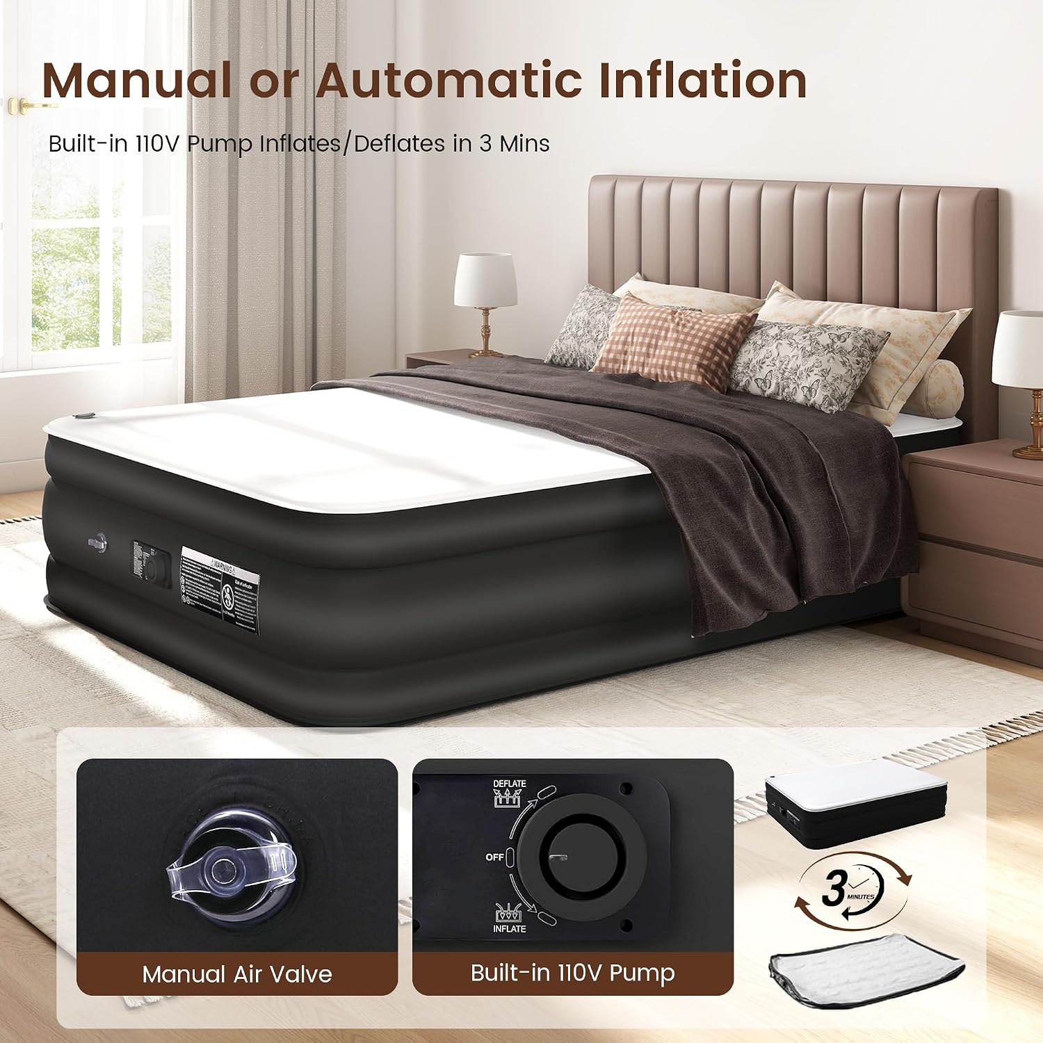 Murago Queen Air Mattress with Built in Pump,17" Double High Queen Size,an Air Bed with a Thick Foam Layer&Soft Surface,Guest Travel Bed&Adult Air Mattress for Home&Camping