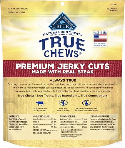 Vista 2 de Blue Buffalo True Chews Premium Jerky Cuts - Golosinas para perros, fabricadas en los Estados Unidos con ingredientes naturales, carne de res, bolsa