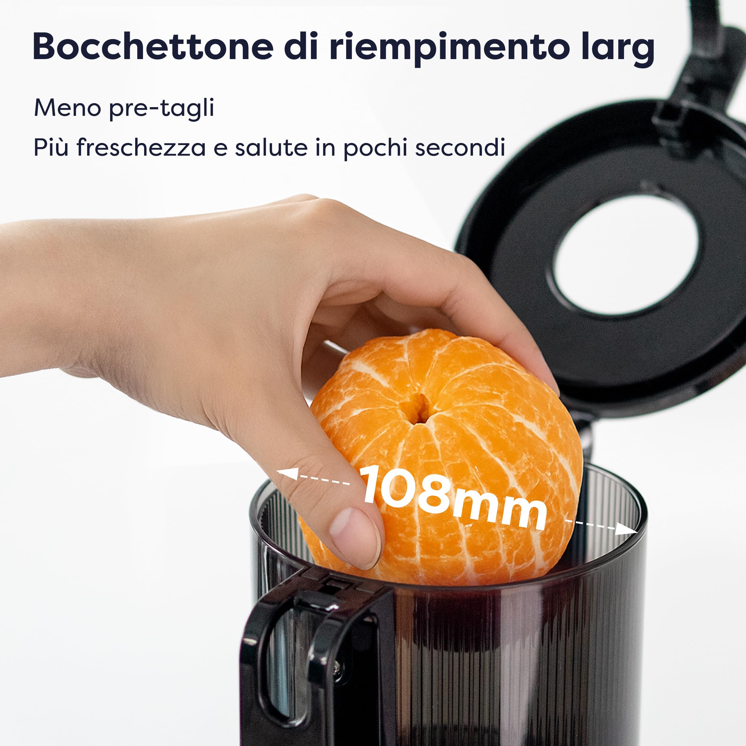 Ciarra AWSJ046-B Estrattore Frutta e Verdura, Estrattore di Succo Lento con Apertura di Alimentazione da 108 mm, SENZA BPA, 1.2L Capacità, Per frutta e verdura intere, 200W, 2 Bicchieri-NERO
