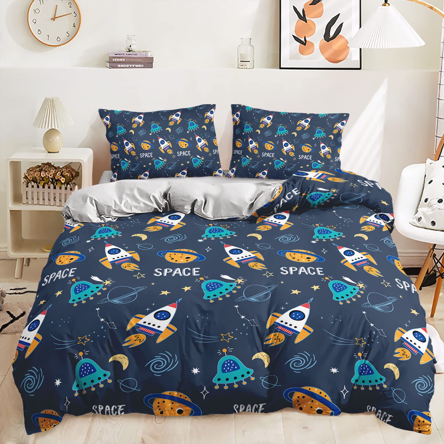 Lunoroey Kids Space Duvet Cover Set Single Size Rocket Ufo Universe Space Theme Print Bedding Set Soft Quilt Cover Set Boys Girls Comforter Cover Set — image 1