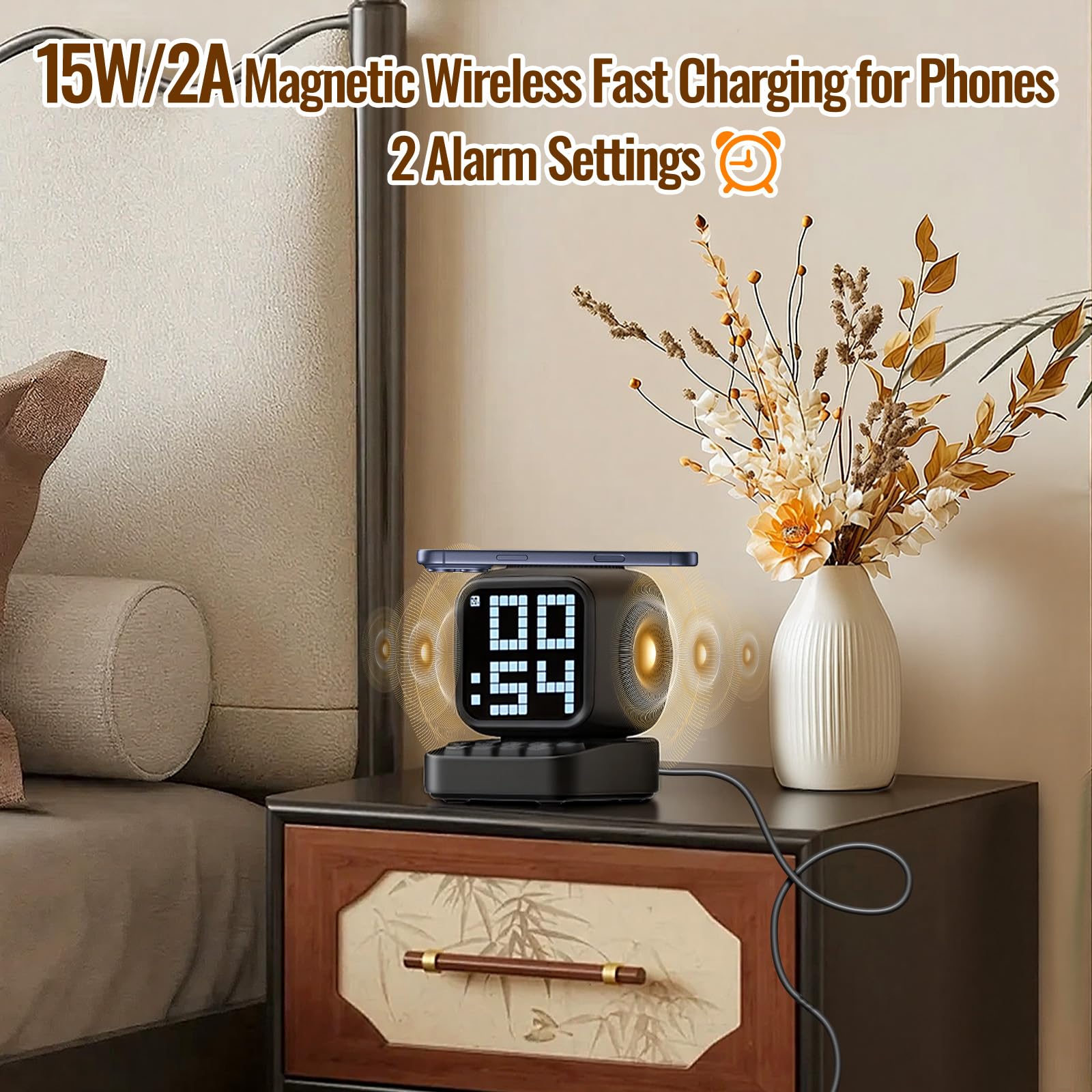 Cassa Bluetooth Portatile Potente 15W con stazione di ricarica induttiva, orologio da tavolo digitale intelligente, sveglia con rumore bianco, per scrivania, ufficio, adatto come regalo (Nero)