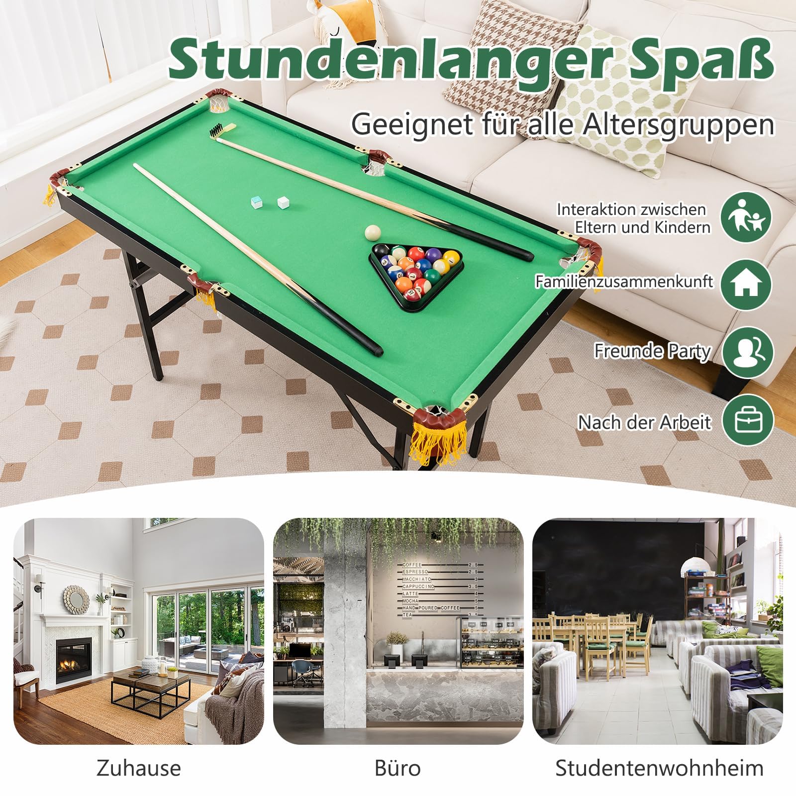 COSTWAY Billardtisch klappbar, Billiard Tisch mit Zubehör, Pooltisch mit 2 Queues, 2 Kreiden, Dreieck & Bürste, Tischbillard aus Holz, Snookertisch für Kinder, Erwachsene, 122 x 64 x 78 cm