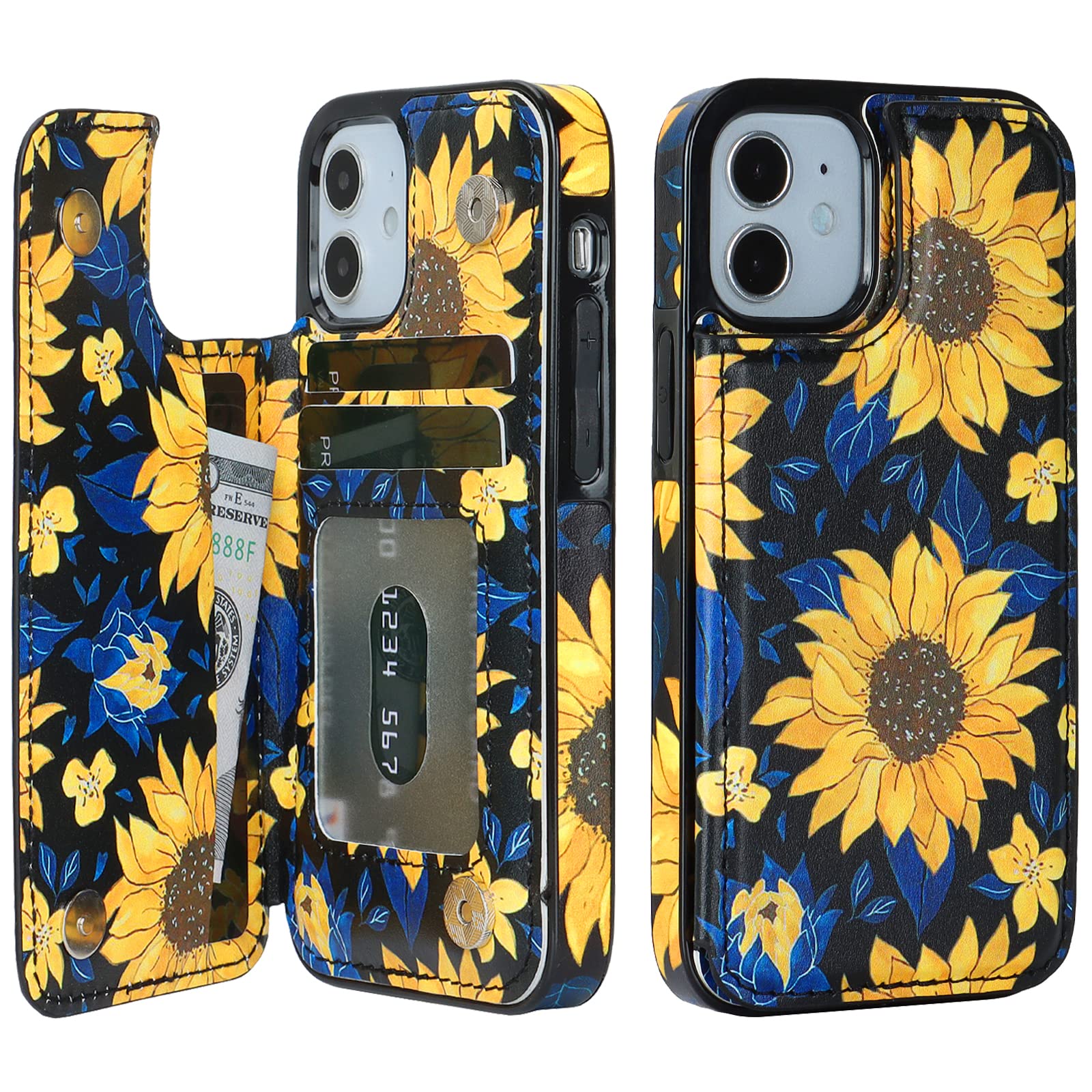 HAOPINSH for iPhone 12 Mini Wallet Case with Card Holder, Blooming Sunflowers Pattern Back Flip PU Leather Kickstand Card Slots Case for Women Girls,