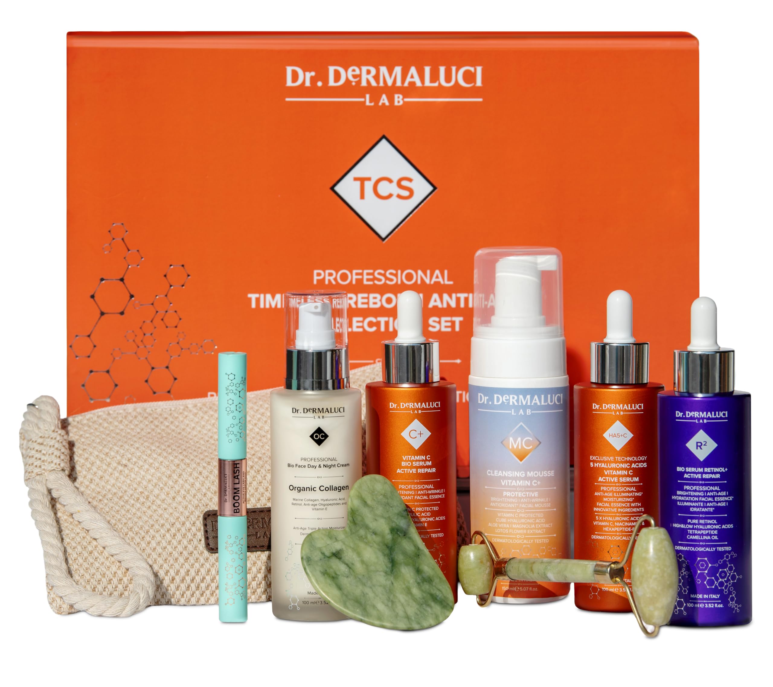 Dr. Dermaluci Lab Cofanetto BIO Anti-Età Pro 6 Pezzi - Mousse + Sieri Vit C + 5HA + Retinolo + Siero Ciglia + Crema Collagene - Gua Sha + Roller Jade + Borsa - AIAB, Nickel Tested, Made in Italy