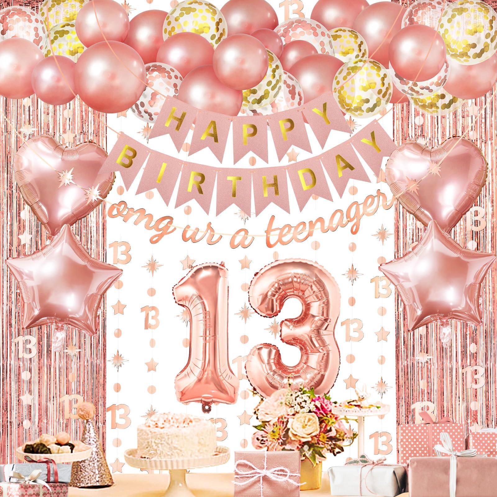 Ghirlanda 13° Compleanno Oro Rosa, Bandierine Triangolari Con Scritta Happy 13th Birthday, 12 Metri Di Decorazioni Per Festa Di Ragazze - 4