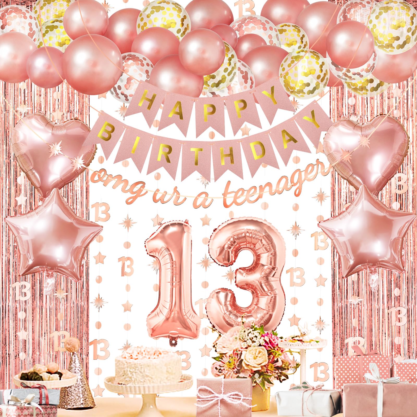 ZERODECO Rose Gold Birthday Party Decorations 13th, Happy Birthday Banner Fringe Curtain 13 Garland Heart Star Foil Confetti Balloons for Women Girls