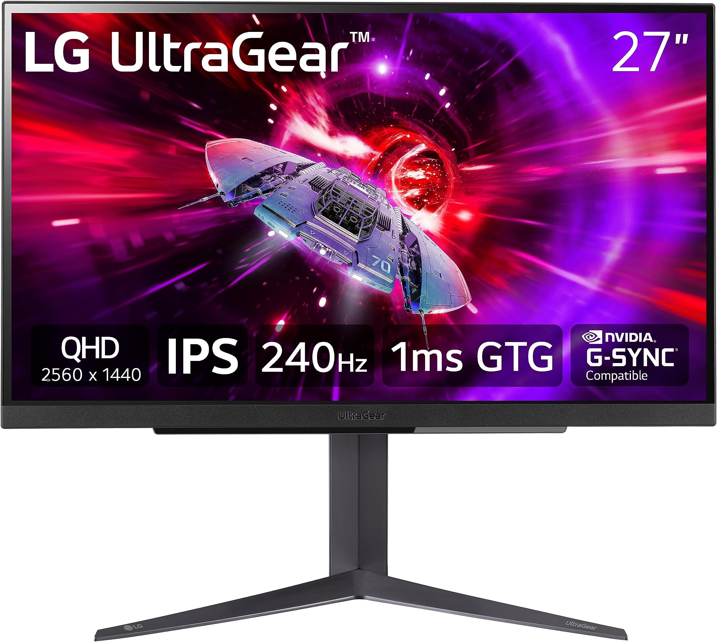 LG 27" UltraGear QHD (2560x1440) Gaming Monitor, 240Hz, 1ms, VESA DisplayHDR 400, G-SYNC and AMD FreeSync Premium, HDMI 2.1, DisplayPort, 4-Pole HP Out DTS HP:X, Tilt/Height/Pivot Stand, Black