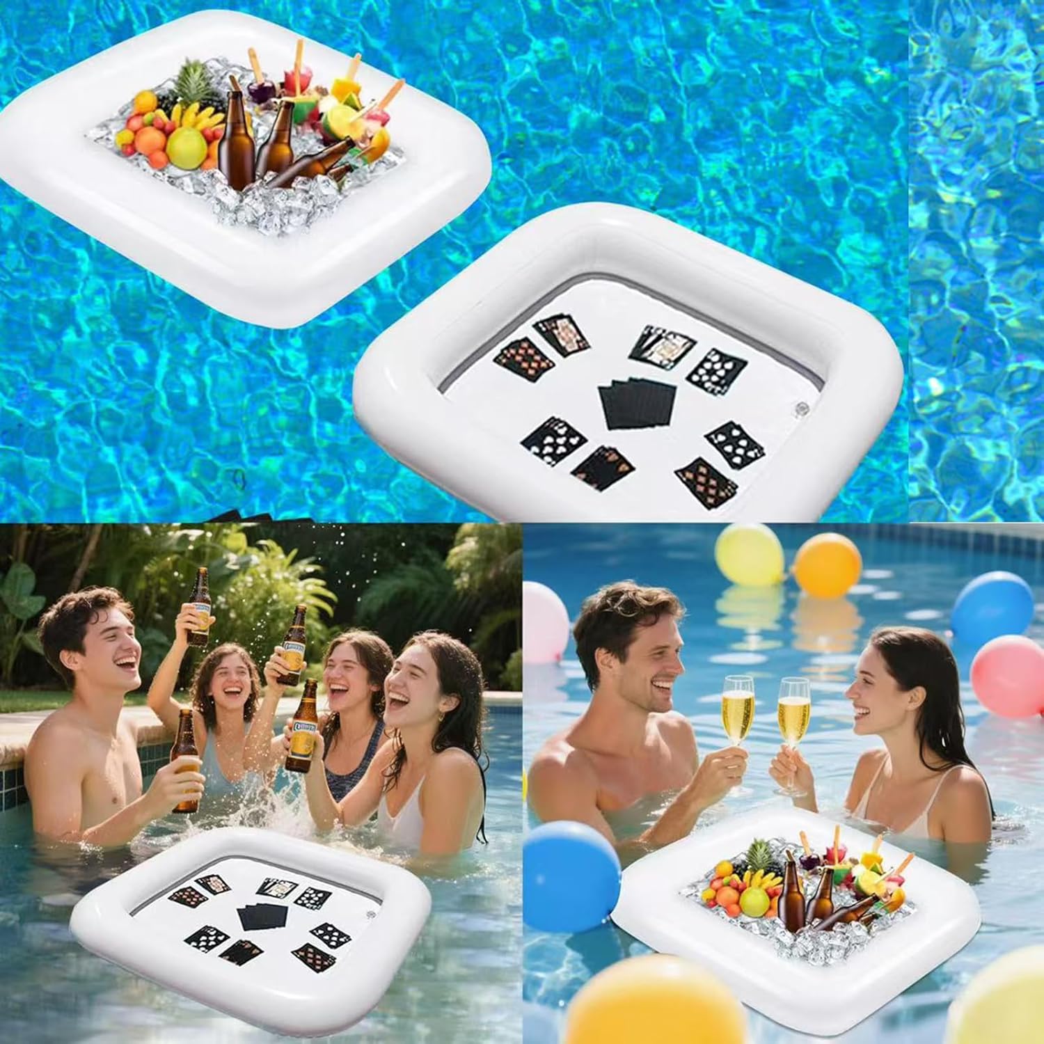 2 PCS Floating Pool Game Table with Waterproof Playing Cards for Summer Pool Party，Inflatable Ice Drink Cooler Serving Tray Bar for Pool Beach Outdoor Picnic Birthday Party Supplies