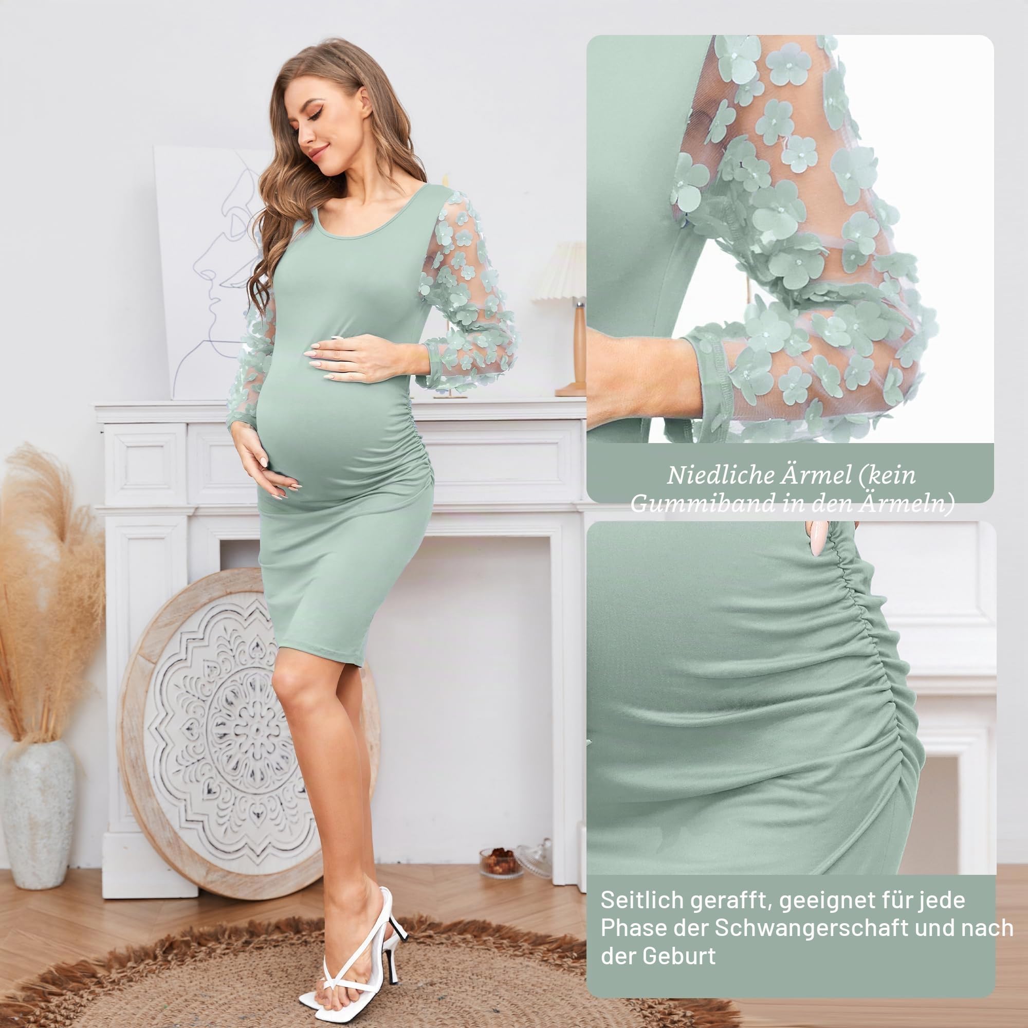 Umstandskleid, Midilänge, lange Rüschärmel floraler Netzstoff, figurbetontes Kleid für Babyparty, Fotoshooting.