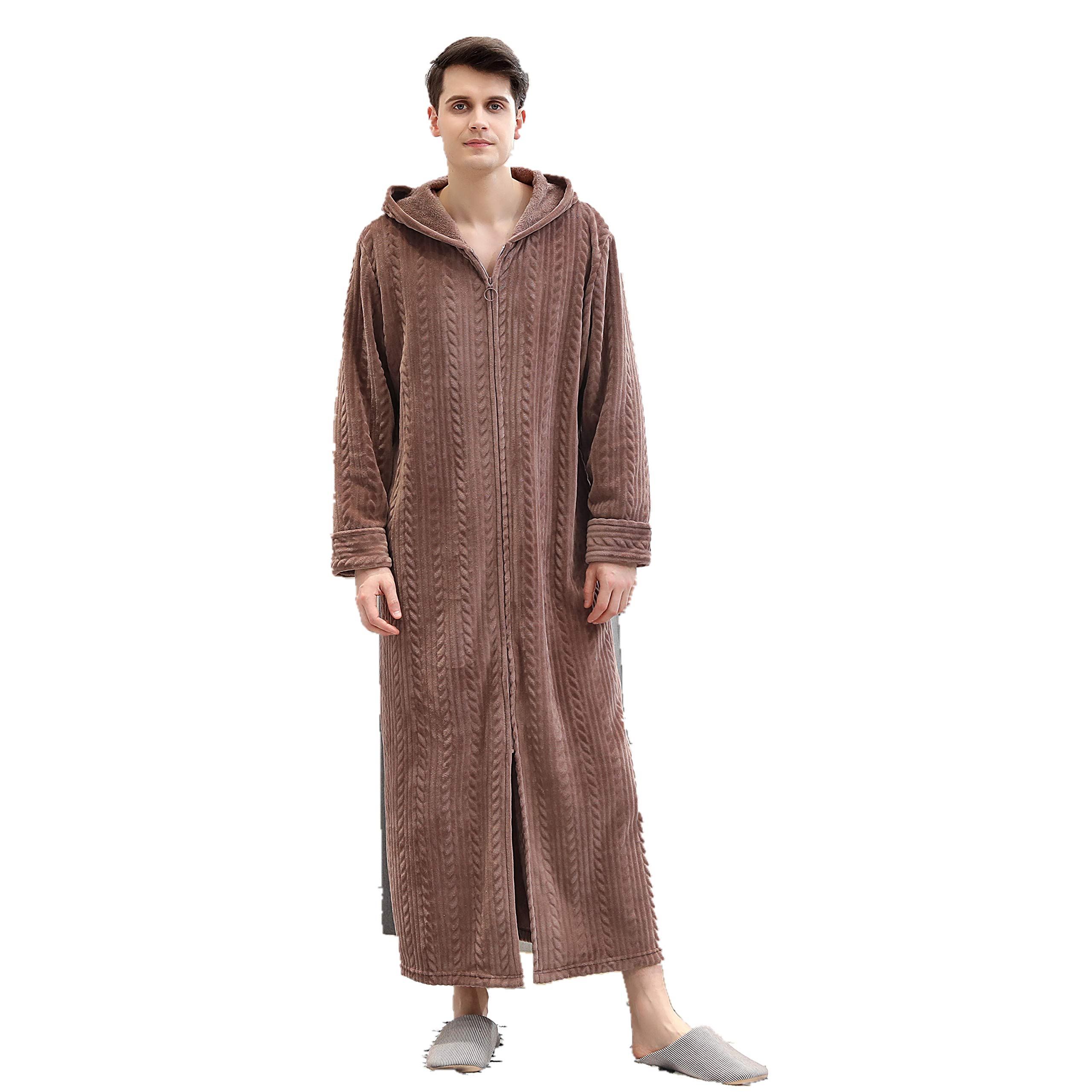 Men Adult Zip Up Fleece Robe Warm Nightgown Pajamas with Hood