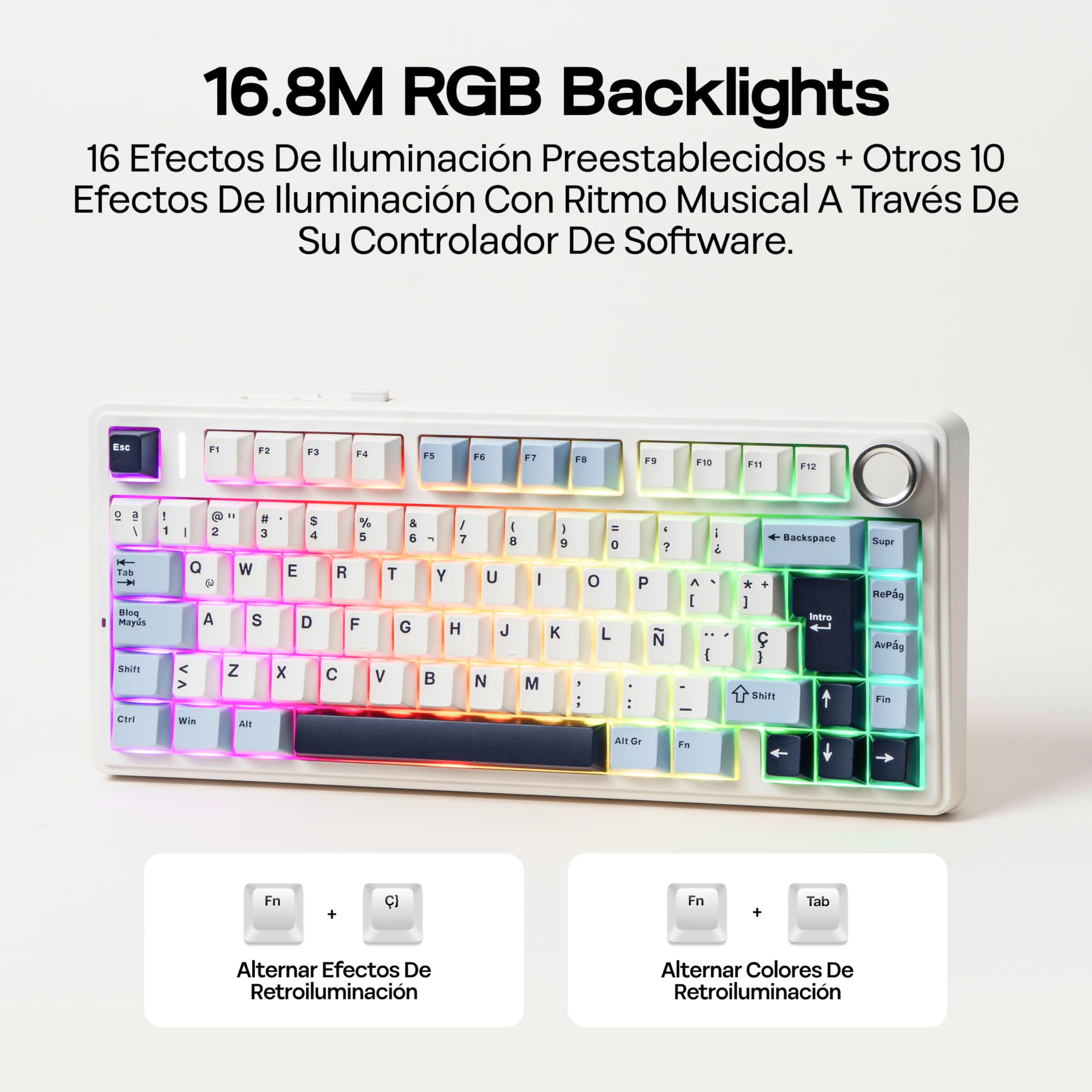 MechLands Aula F75 75% Teclado Mecánico para Gaming, Distribución QWERTY Español, Retroiluminación RGB, Teclado BT5.0/USB-C/2,4 GHz con Mando Giratorio, Reaper Switches para Win/Mac (Azul Claro)
