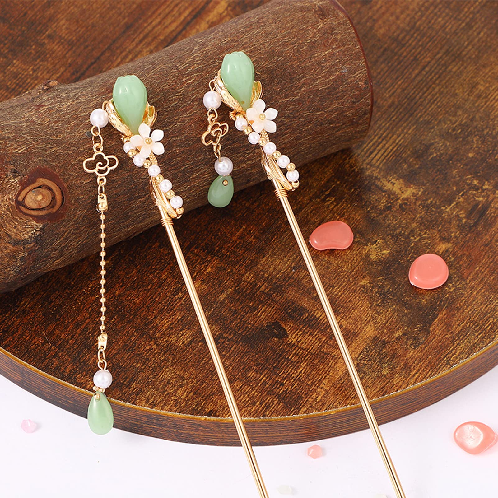 2 Pcs Retro Style Flower Metal Hair Stick Chinese Rhinestone Hair Chopsticks Pearl Tassel Hair Clips Accessories for Long Hair Women
