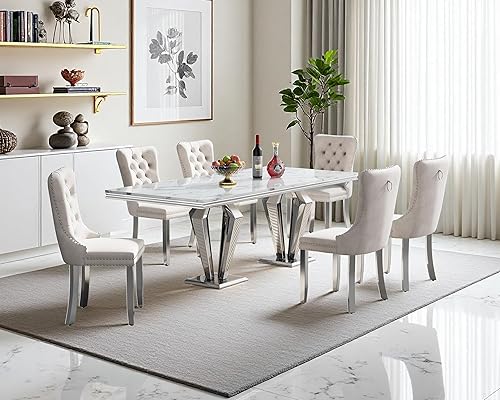 Miniatura 64 de Juego de mesa de comedor de mármol sintético, 7 piezas, juego de mesa de cocina y comedor para 6, mesa de comedor rectangular blanca de 70 pulgadas