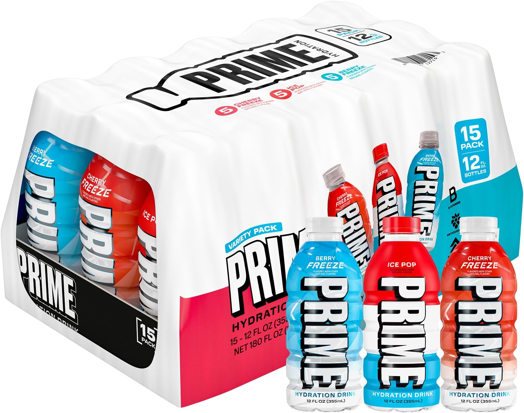 PRIME HYDRATION Variety, Berry Freeze, Cherry Freeze, & Ice Pop Sports Drinks, Electrolyte Enhanced to Replenish Fluids, Zero Added Sugar, B Vitamins, Antioxidants, Natural Flavors, 12 Fl Oz, 15 Pack