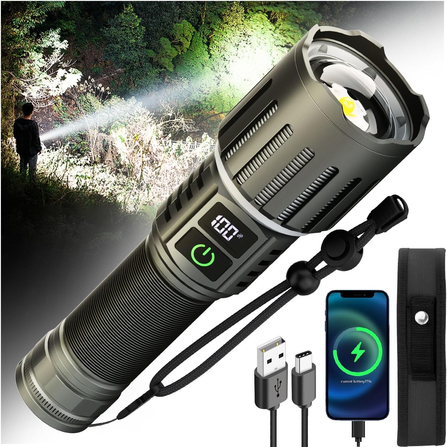 Victoper Rechargeable Flashlight, Titanium 5 Modes Zoomable Flash Light, Bright Real 1500 High Lumens Flashlights, LED Power Display Tactical Flash Lights Holster for Camping Hunting Essential Men - $17.99