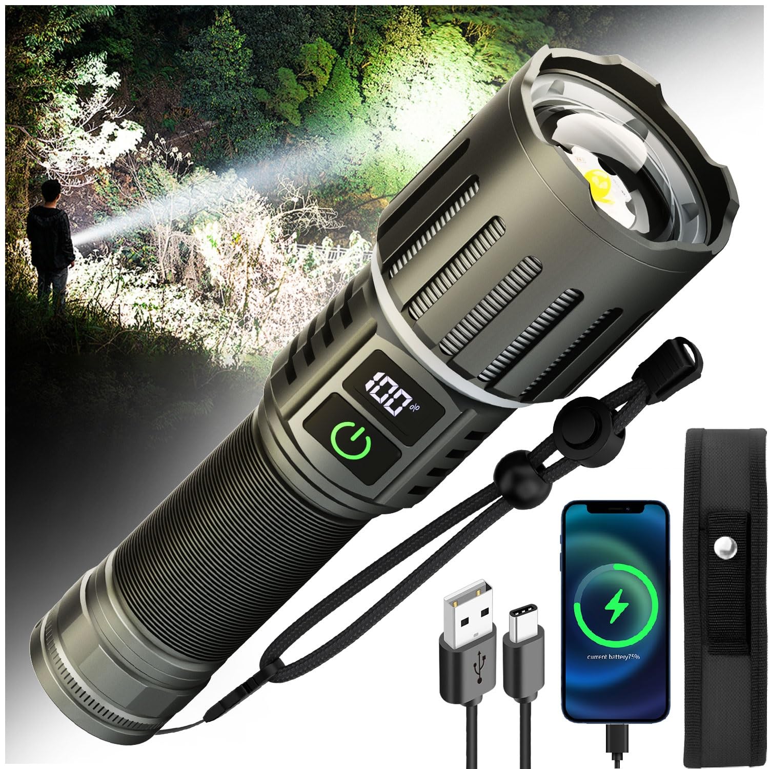 Victoper Rechargeable Flashlight, Titanium 5 Modes Zoomable Flash Light, Bright Real 1500 High Lumens Flashlights, LED Power Display Tactical Flash Lights Holster for Camping Hunting Essential Men