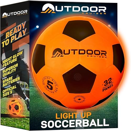 Balón de fútbol con luz para Outdoor Cruiser - Construcción de goma impermeable, brilla en la oscuridad, brilla hasta 30 horas con activación de